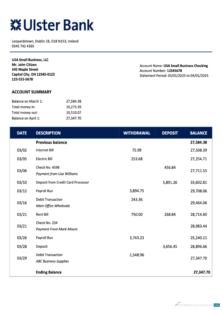 Download Irish Ulster Bank business checking account statement Word and PDF template Photoshop template